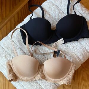 Aerie Black and Tan Strapless Lace Push Up Bras NWT